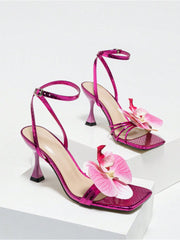 Flower Decor Square Toe Stiletto Sandals
