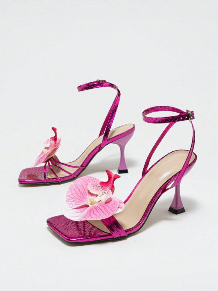 Flower Decor Square Toe Stiletto Sandals