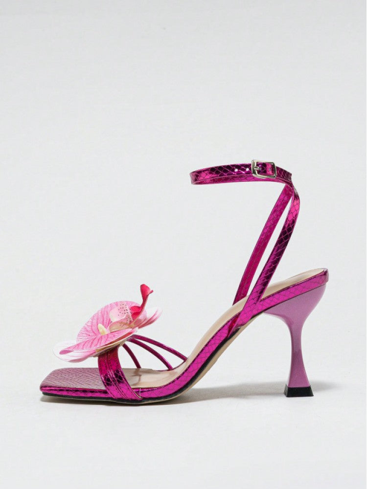 Flower Decor Square Toe Stiletto Sandals