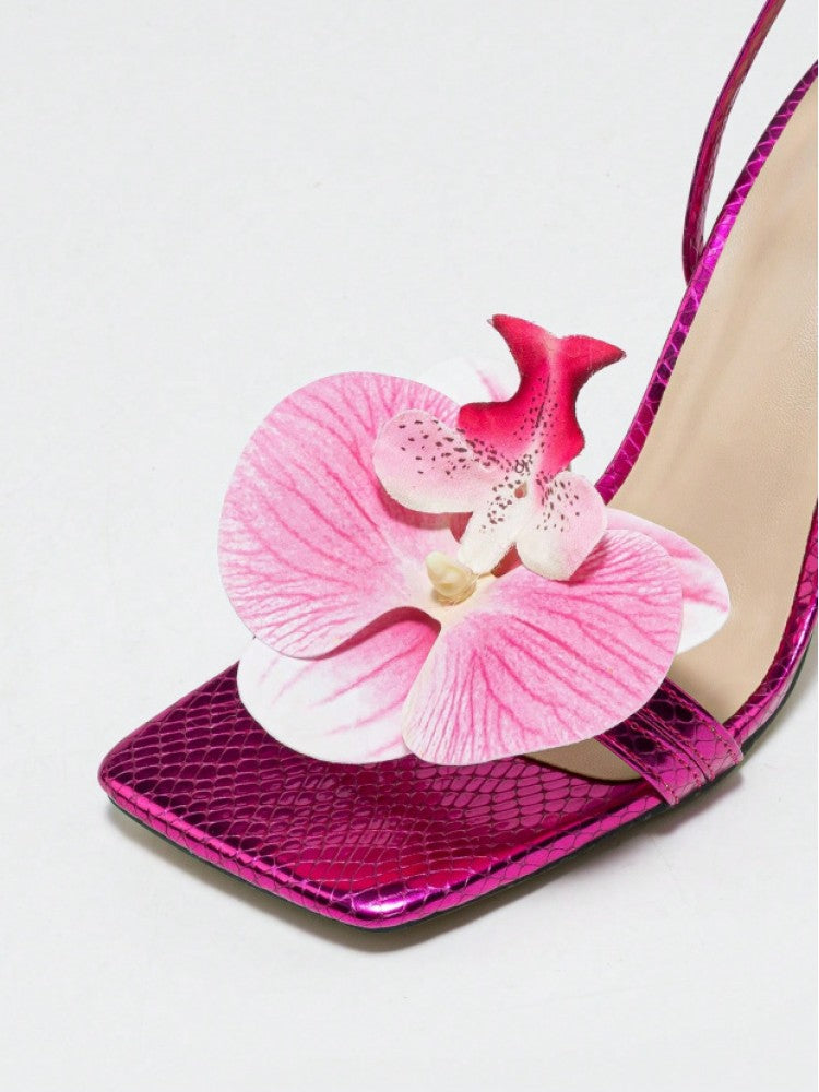 Flower Decor Square Toe Stiletto Sandals