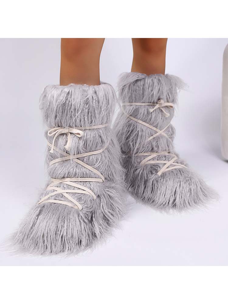 Fake Fur Plush Tie-wrap Flat Heel Snow Boots