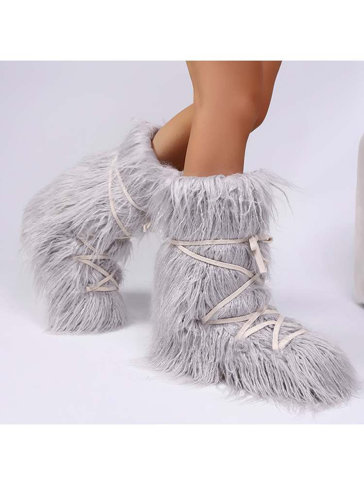 Fake Fur Plush Tie-wrap Flat Heel Snow Boots