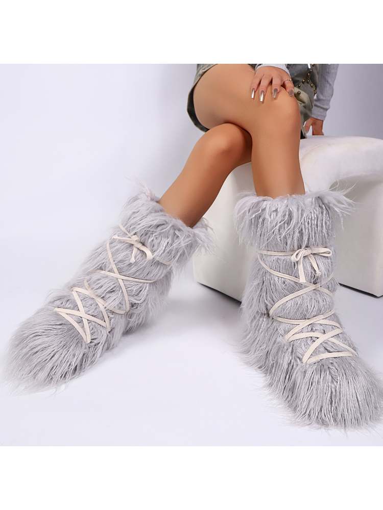 Fake Fur Plush Tie-wrap Flat Heel Snow Boots