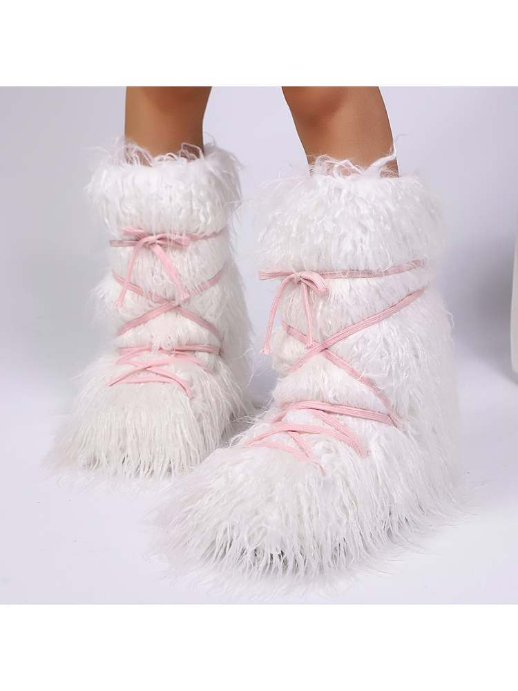 Fake Fur Plush Tie-wrap Flat Heel Snow Boots