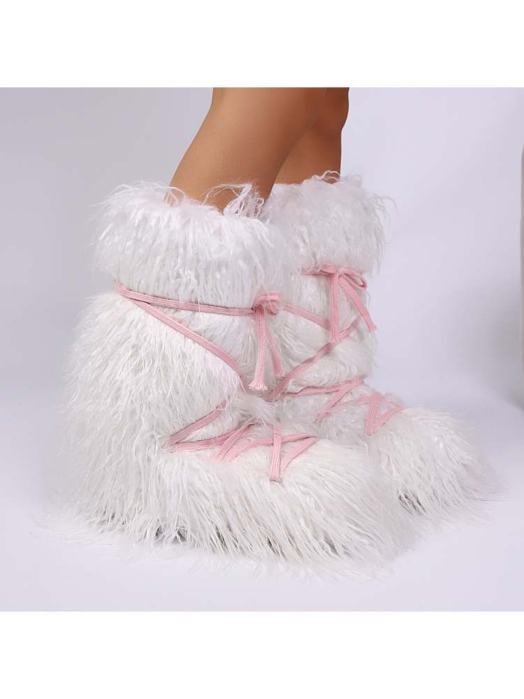 Fake Fur Plush Tie-wrap Flat Heel Snow Boots
