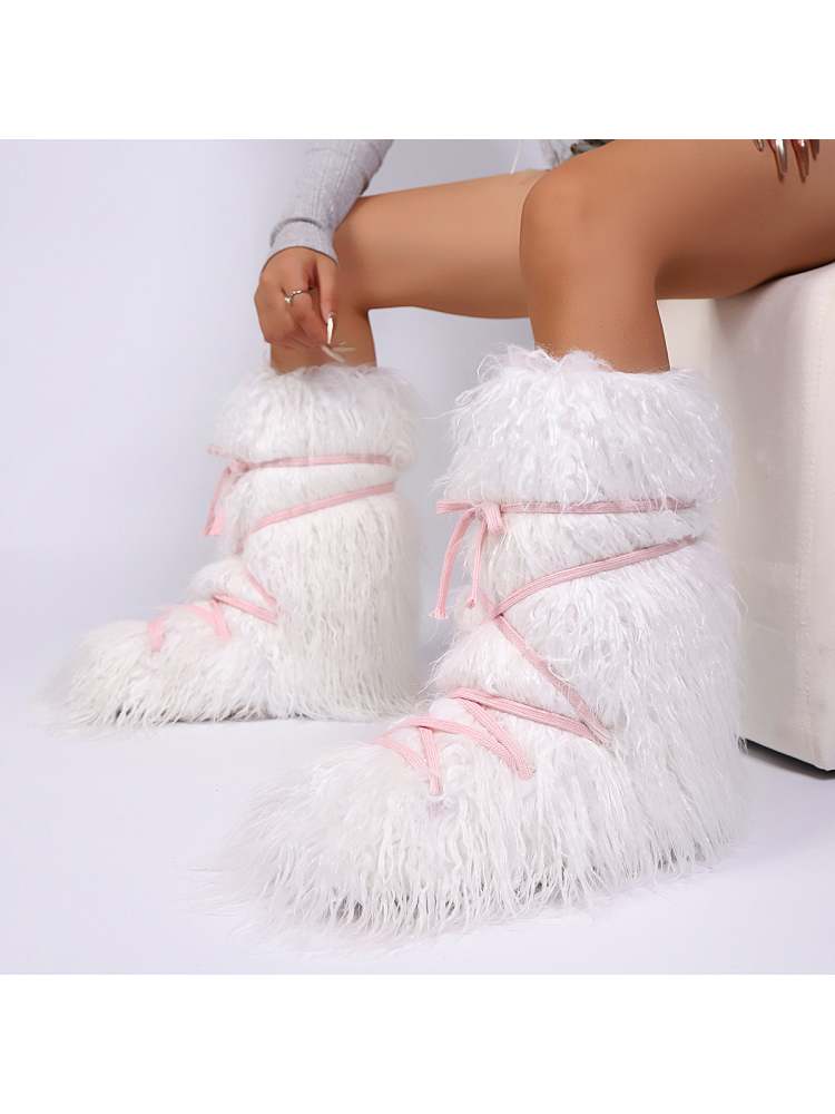 Fake Fur Plush Tie-wrap Flat Heel Snow Boots