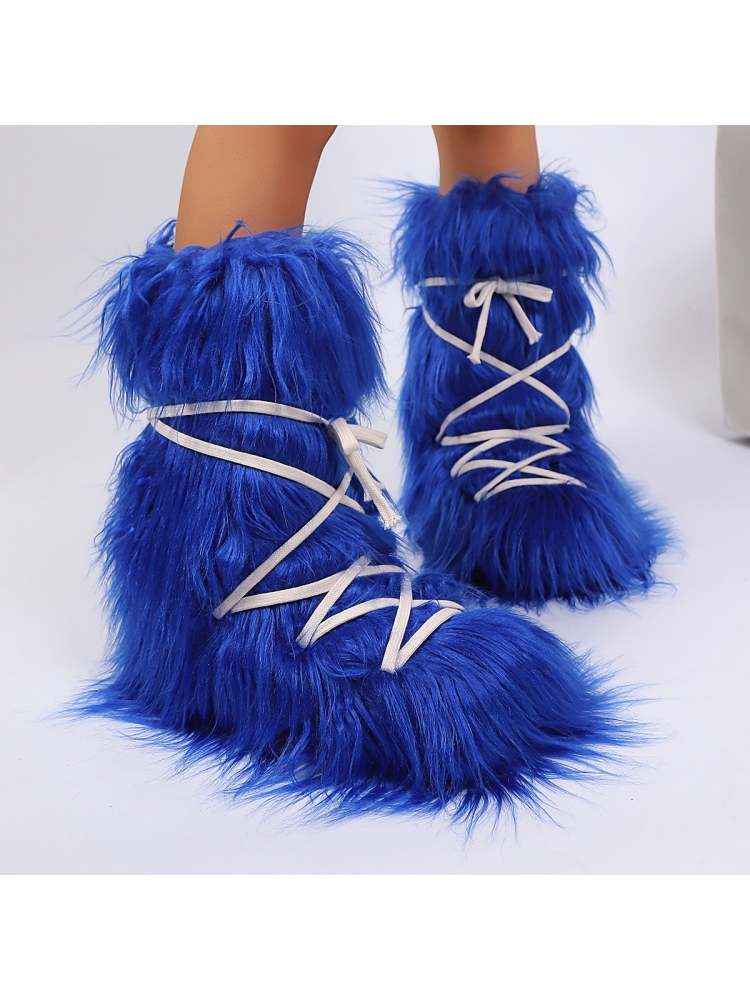 Fake Fur Plush Tie-wrap Flat Heel Snow Boots