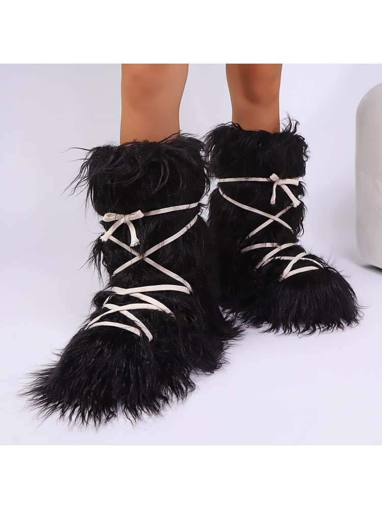 Fake Fur Plush Tie-wrap Flat Heel Snow Boots