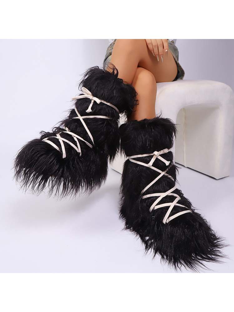 Fake Fur Plush Tie-wrap Flat Heel Snow Boots