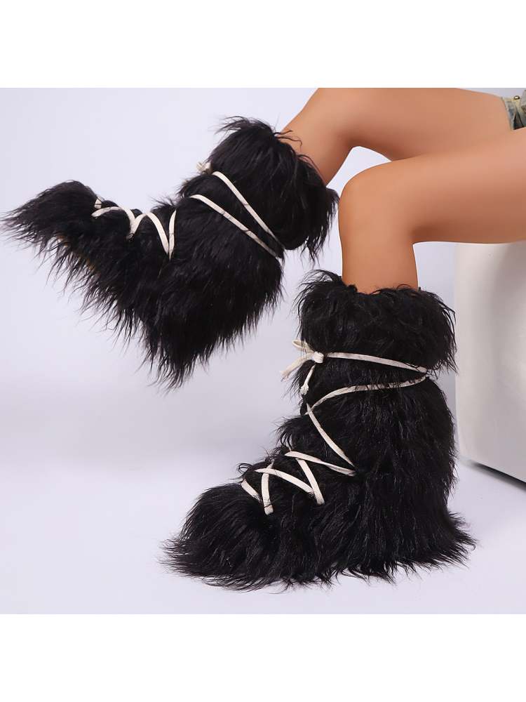 Fake Fur Plush Tie-wrap Flat Heel Snow Boots