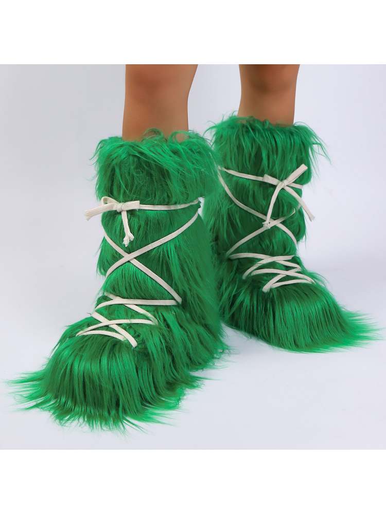 Fake Fur Plush Tie-wrap Flat Heel Snow Boots