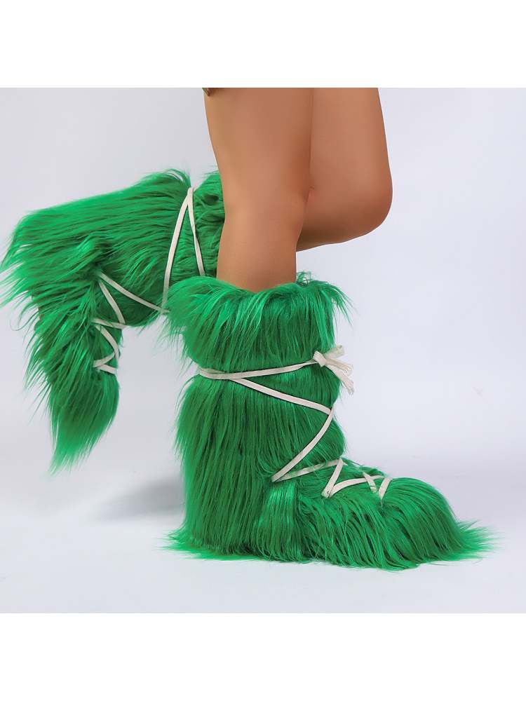 Fake Fur Plush Tie-wrap Flat Heel Snow Boots