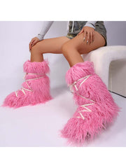 Fake Fur Plush Tie-wrap Flat Heel Snow Boots
