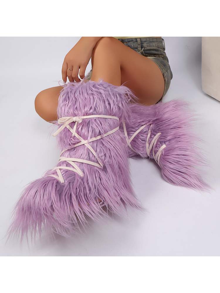Fake Fur Plush Tie-wrap Flat Heel Snow Boots