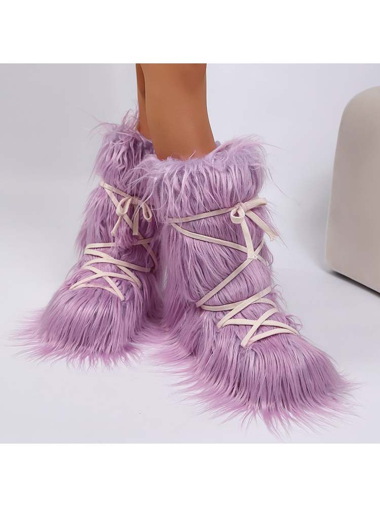 Fake Fur Plush Tie-wrap Flat Heel Snow Boots