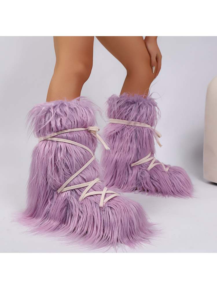 Fake Fur Plush Tie-wrap Flat Heel Snow Boots