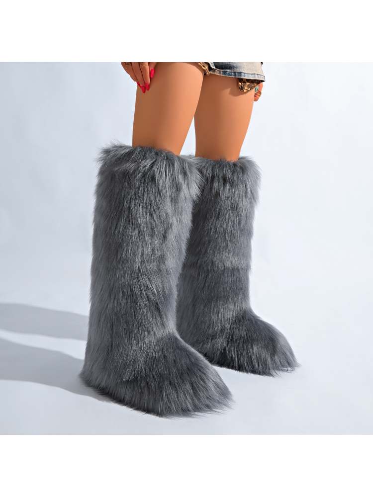 Fake Fur Plain Color Flat Heel Snow Boots