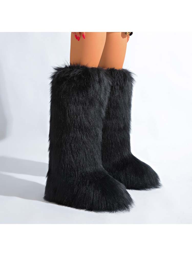 Fake Fur Plain Color Flat Heel Snow Boots