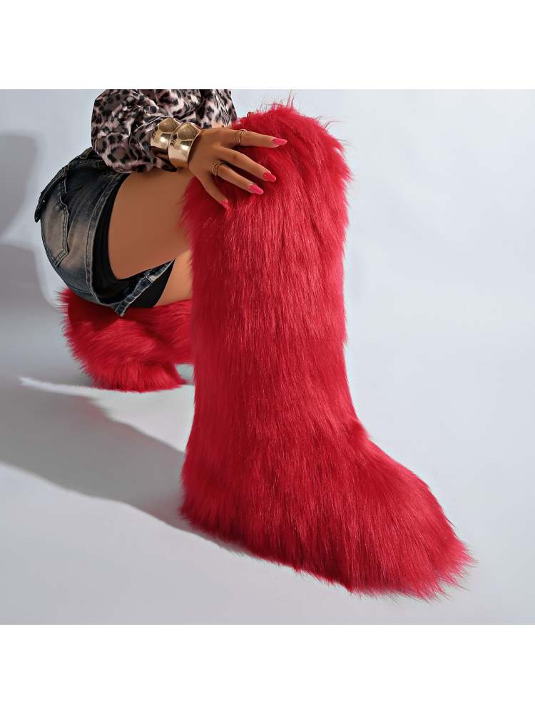 Fake Fur Plain Color Flat Heel Snow Boots