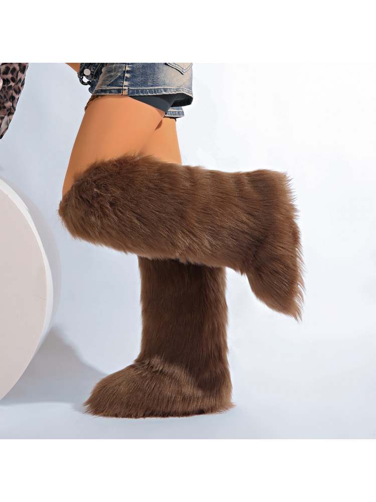 Fake Fur Plain Color Flat Heel Snow Boots