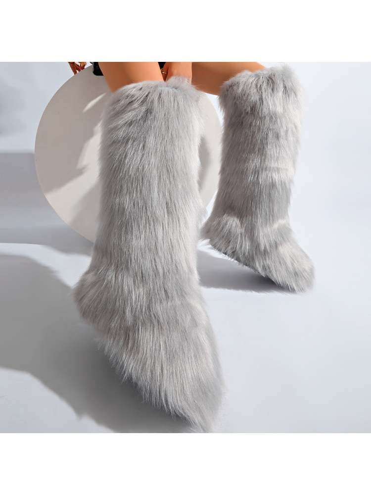 Fake Fur Plain Color Flat Heel Snow Boots