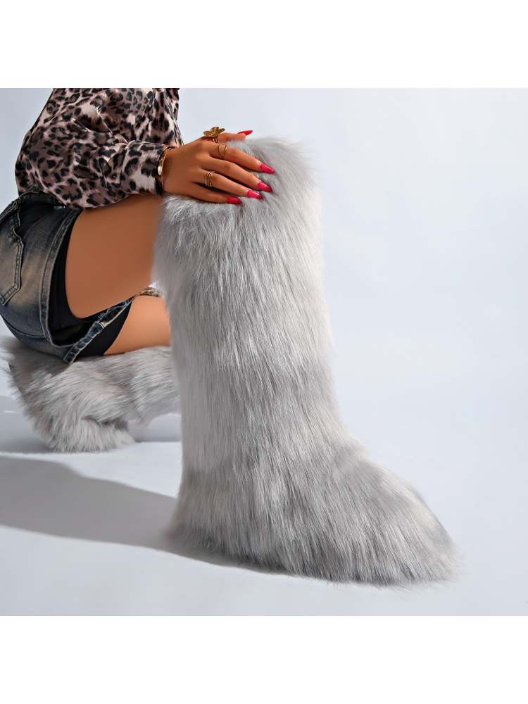 Fake Fur Plain Color Flat Heel Snow Boots