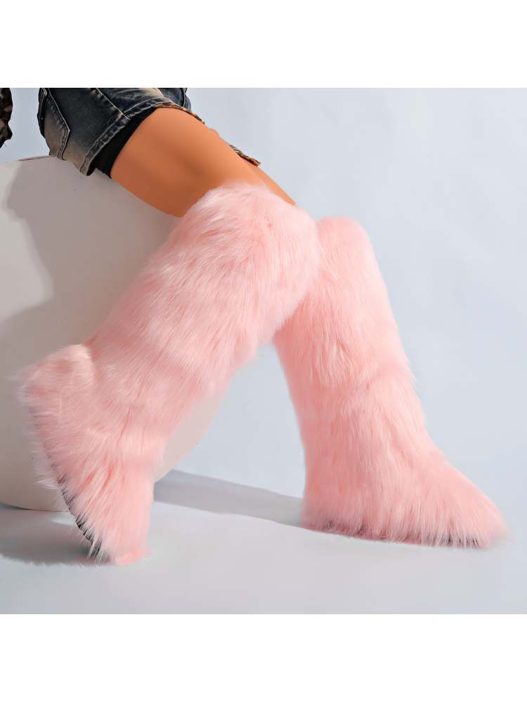 Fake Fur Plain Color Flat Heel Snow Boots