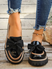 Glossy Striped Bow Chunky Heels Flats