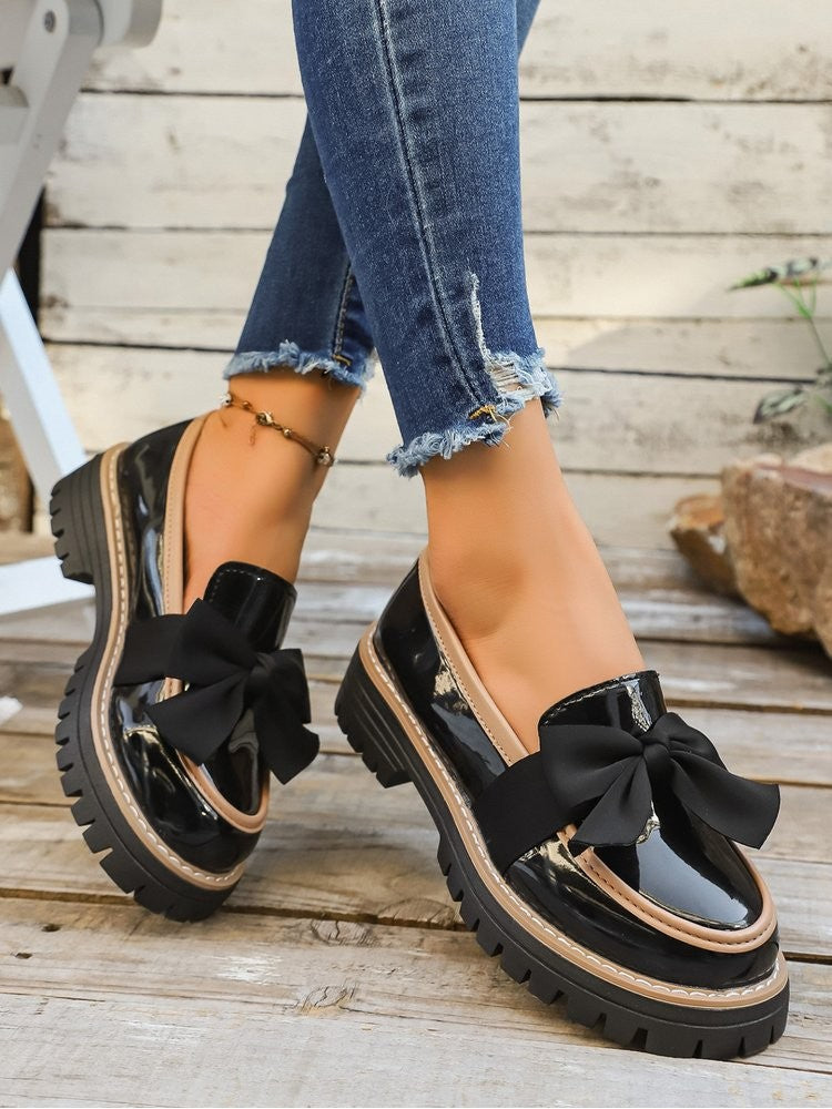 Glossy Striped Bow Chunky Heels Flats