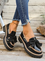 Glossy Striped Bow Chunky Heels Flats