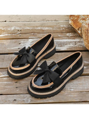 Glossy Striped Bow Chunky Heels Flats