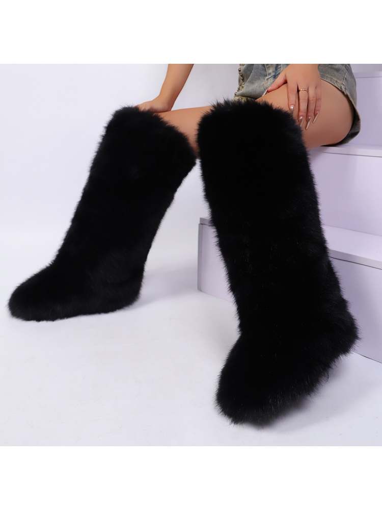 Fake Fur Plain Thigh-High Fluff Snow Boots