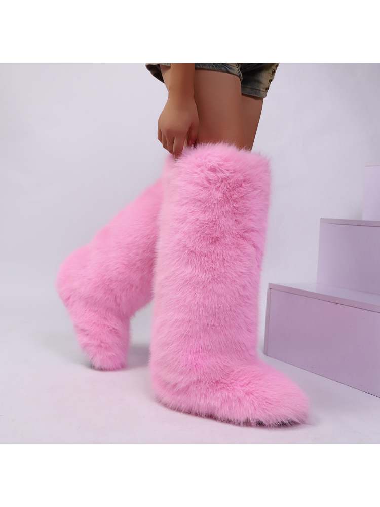 Fake Fur Plain Thigh-High Fluff Snow Boots