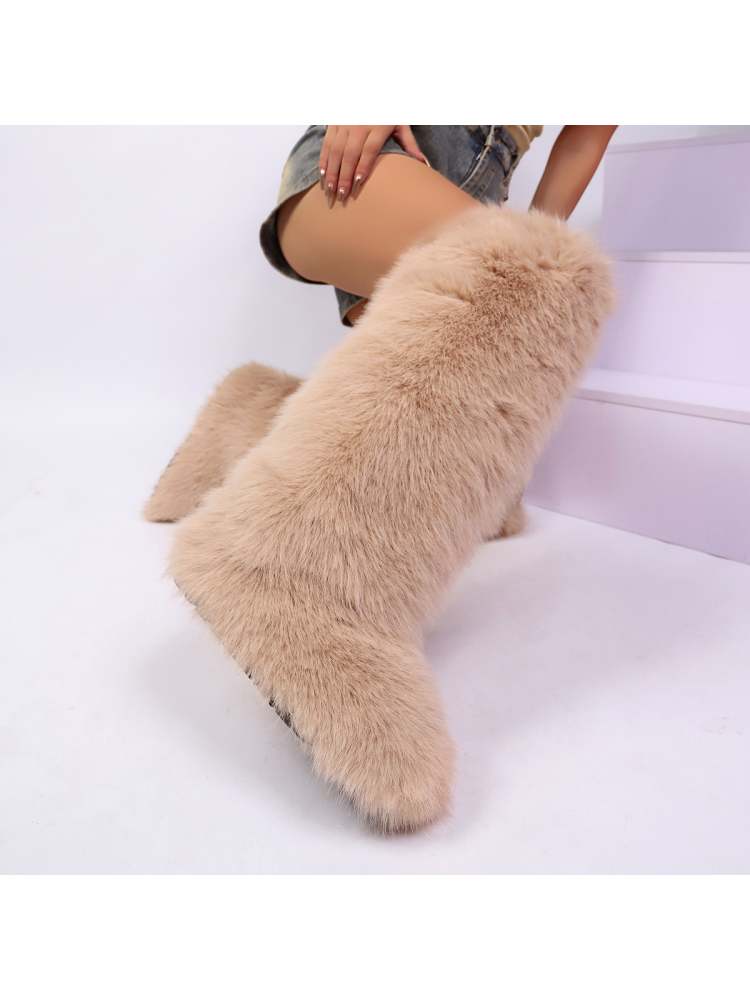 Fake Fur Plain Thigh-High Fluff Snow Boots