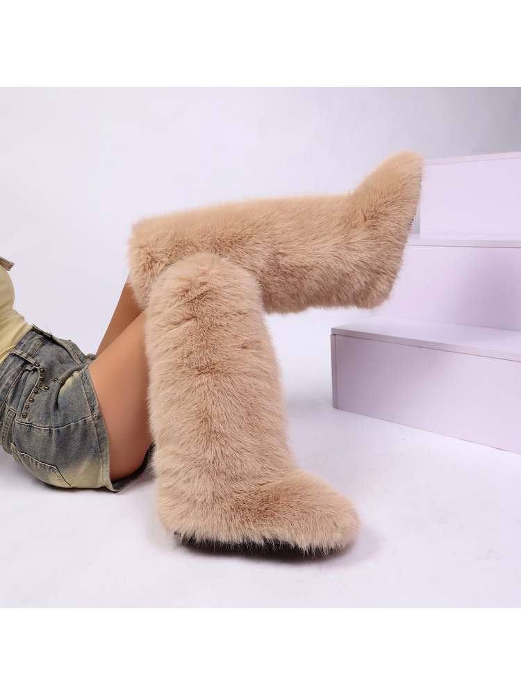 Fake Fur Plain Thigh-High Fluff Snow Boots