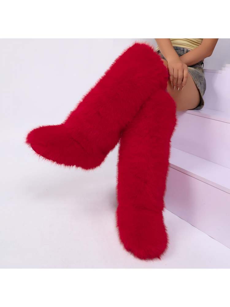 Fake Fur Plain Thigh-High Fluff Snow Boots