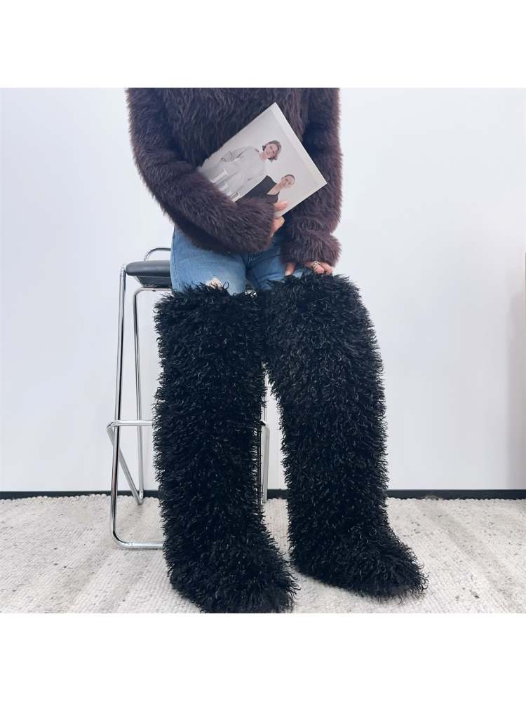 Fluffy Plain Color Fur Over-the-Knee Boots