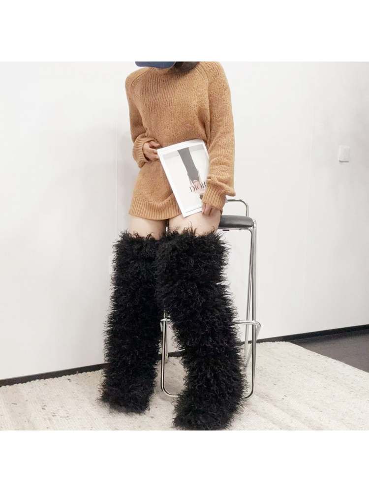 Fluffy Plain Color Fur Over-the-Knee Boots