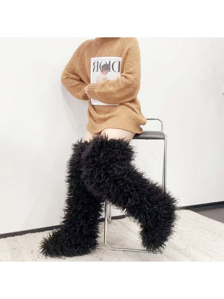 Fluffy Plain Color Fur Over-the-Knee Boots