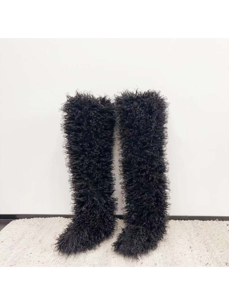 Fluffy Plain Color Fur Over-the-Knee Boots