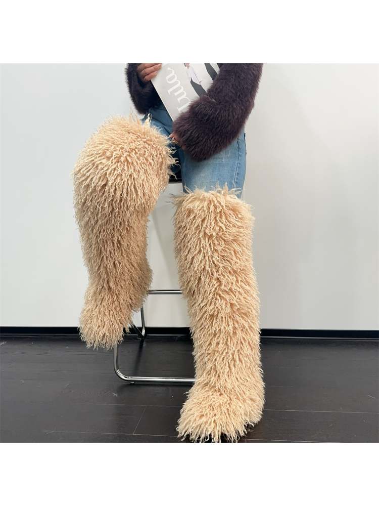 Fluffy Plain Color Fur Over-the-Knee Boots