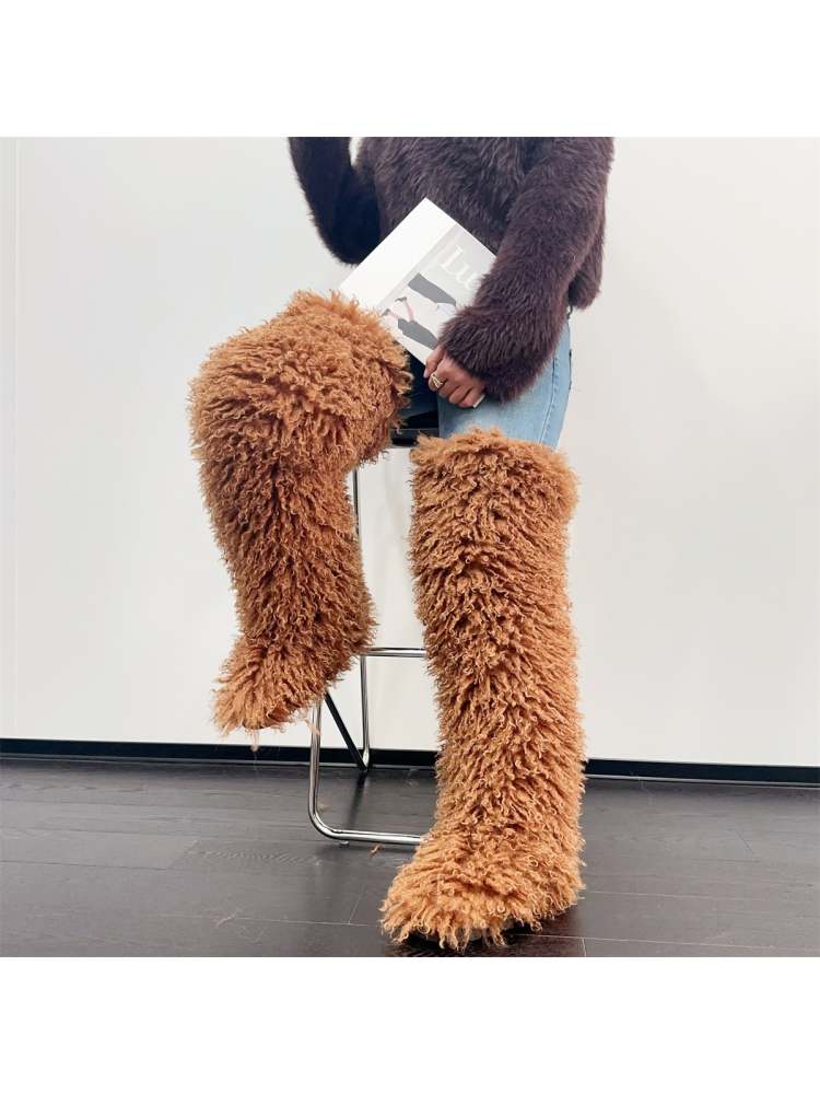 Fluffy Plain Color Fur Over-the-Knee Boots