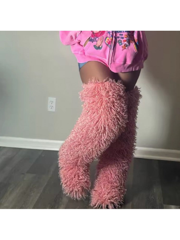 Fluffy Plain Color Fur Over-the-Knee Boots