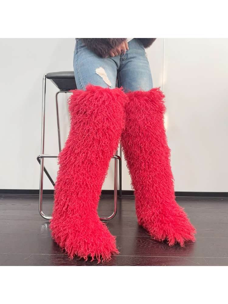 Fluffy Plain Color Fur Over-the-Knee Boots