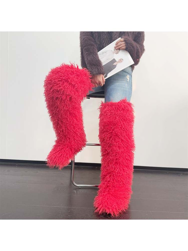 Fluffy Plain Color Fur Over-the-Knee Boots