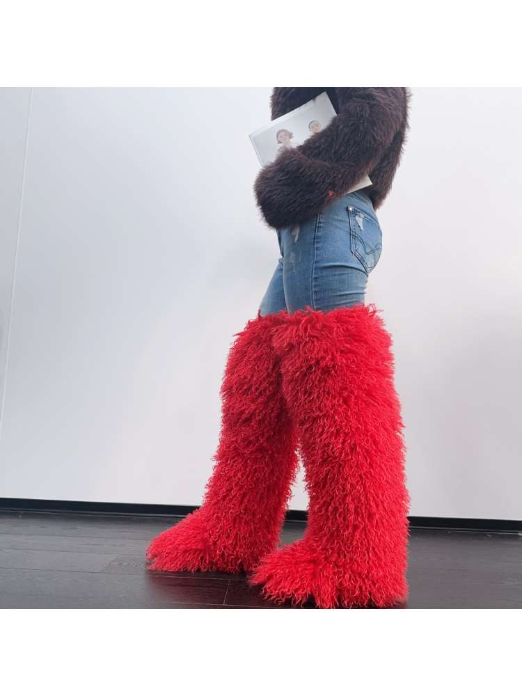 Fluffy Plain Color Fur Over-the-Knee Boots