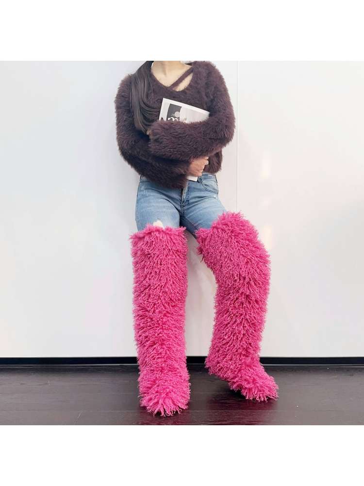 Fluffy Plain Color Fur Over-the-Knee Boots