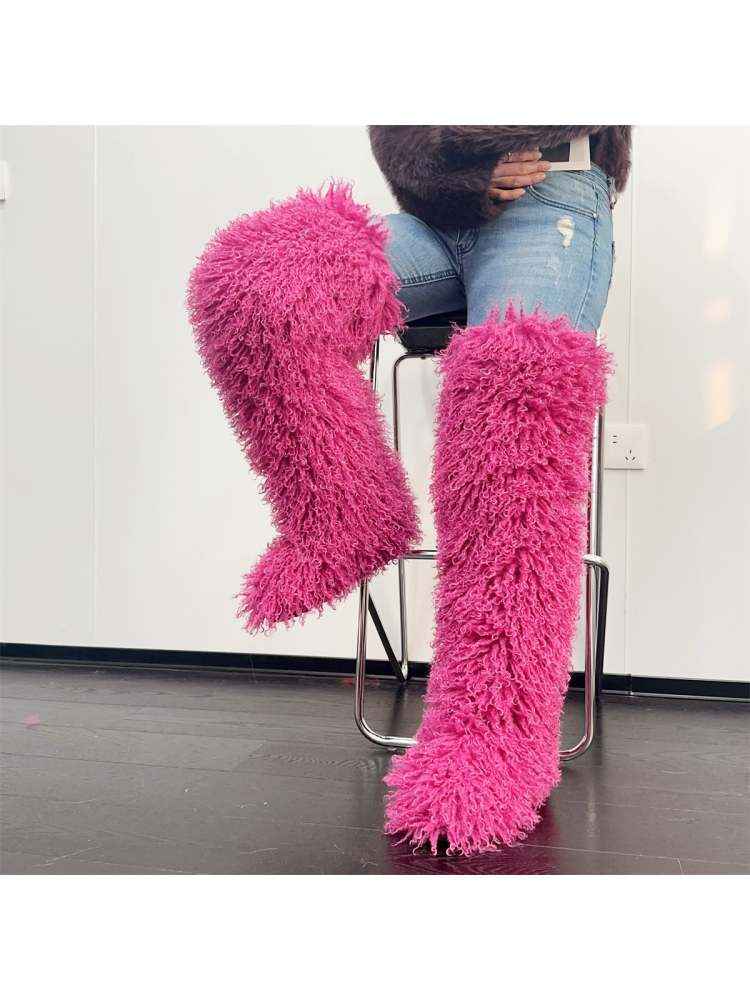 Fluffy Plain Color Fur Over-the-Knee Boots