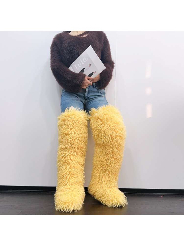 Fluffy Plain Color Fur Over-the-Knee Boots
