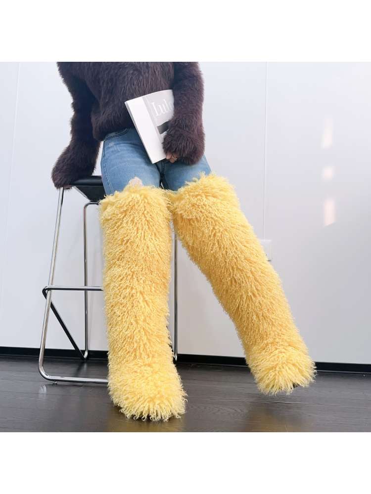 Fluffy Plain Color Fur Over-the-Knee Boots